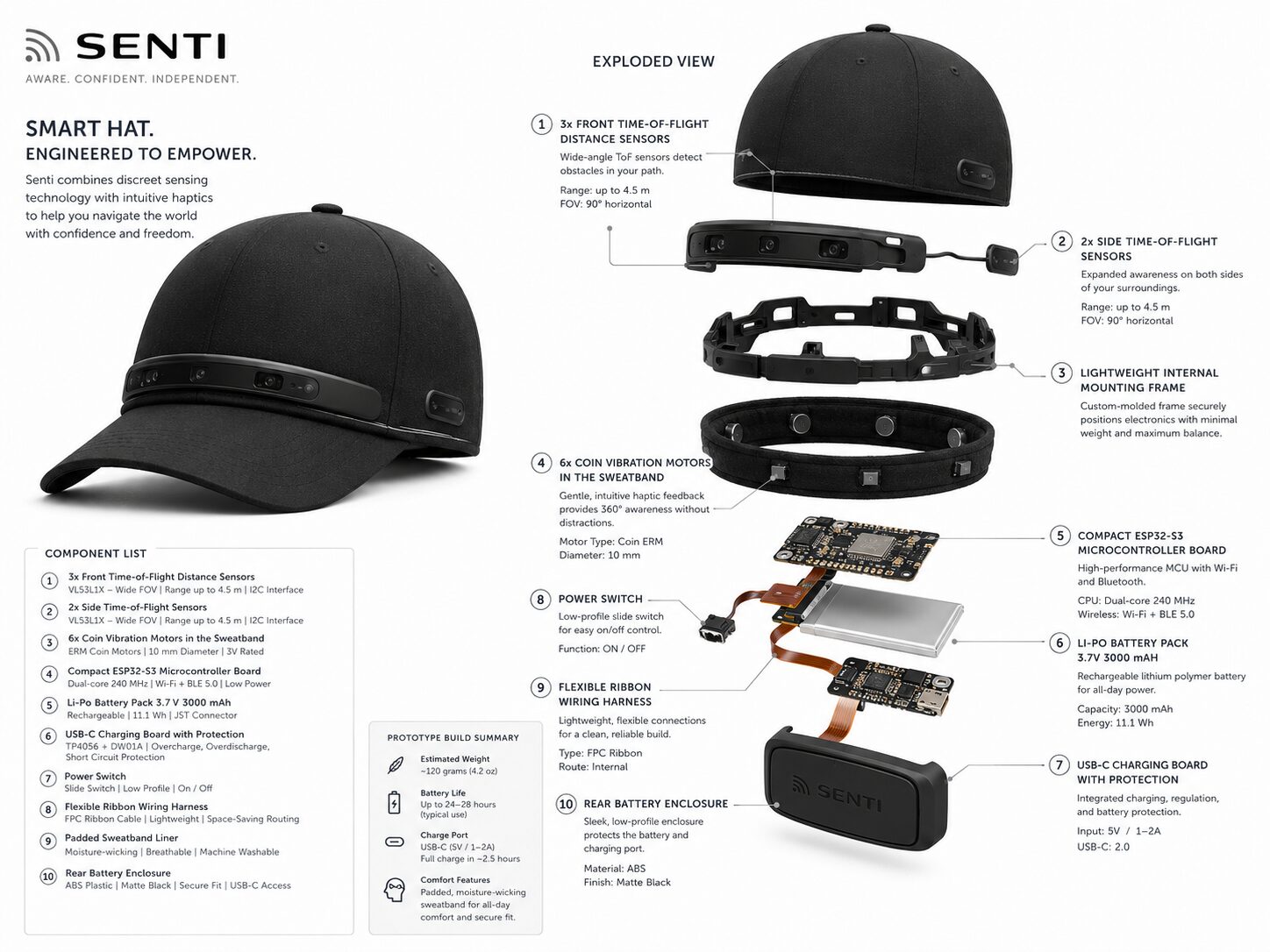 Concept mockup rear view of the cap showing the cable routed along the seam with slack, running down toward a backpack.