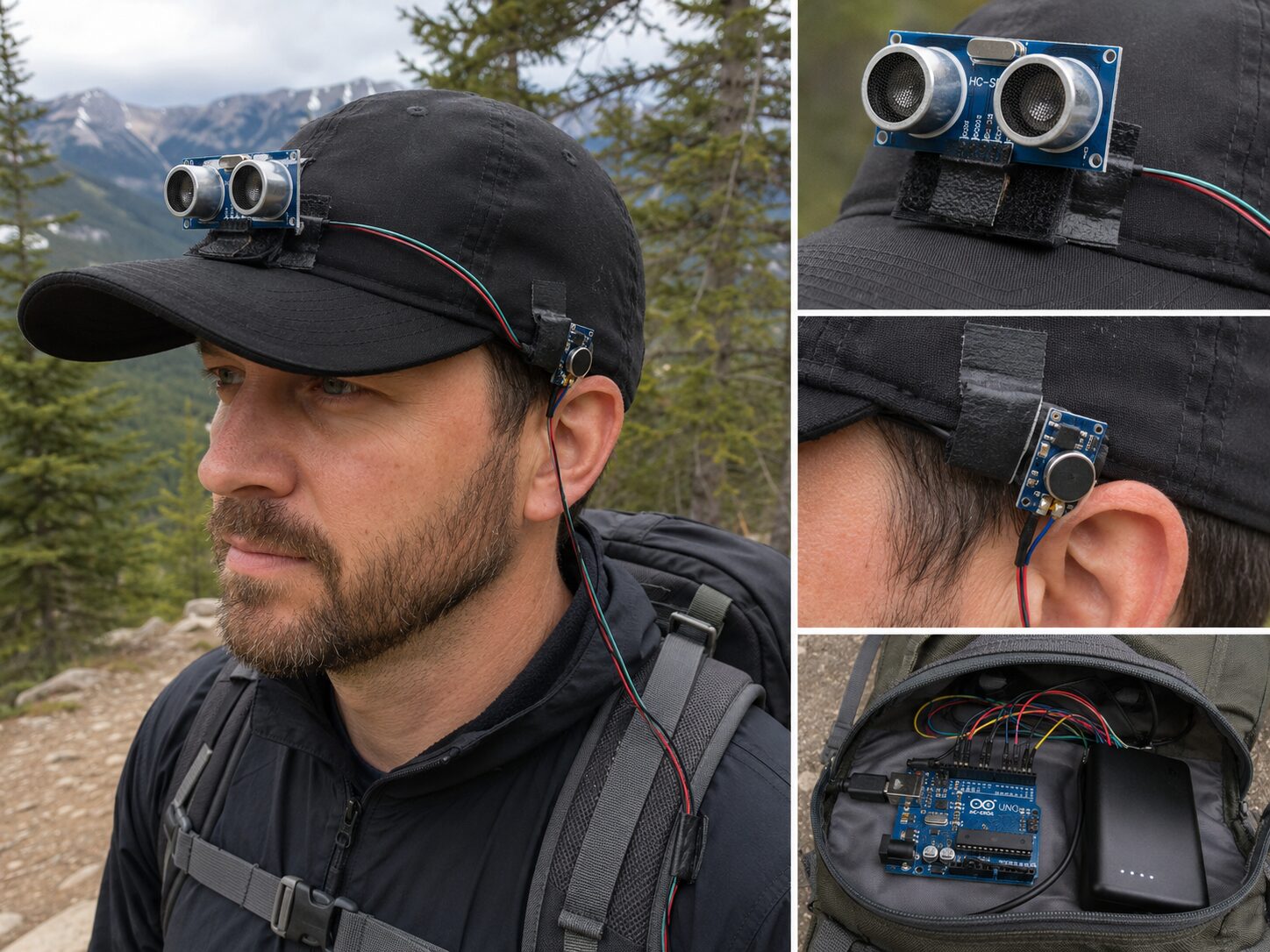 Concept mockup of a maker-grade prototype on a hiker: sensor module velcroed to a cap, wires taped along the side, Arduino and power bank in an open backpack pouch.